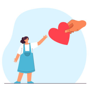 Big hand giving heart to little girl. Family adopting or taking care child flat vector illustration. Children day or care, love, adoption, charity concept for banner, website design or landing page
